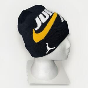 Jordan Jump Man Spelled Out Boys Hat Winter Beanie Black Yellow White Swoosh